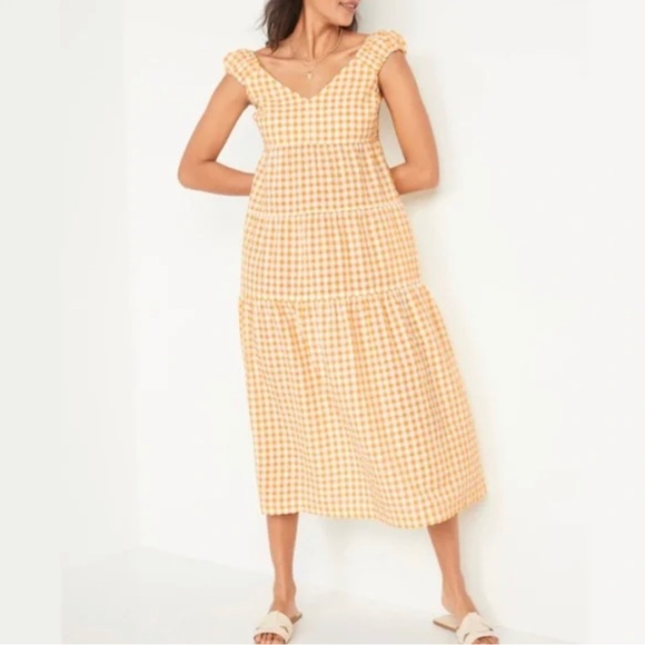 NWT Old Navy Women's Yellow Gingham Fit & Flare Tiered Seersucker Maxi dress XL - Picture 2 of 5